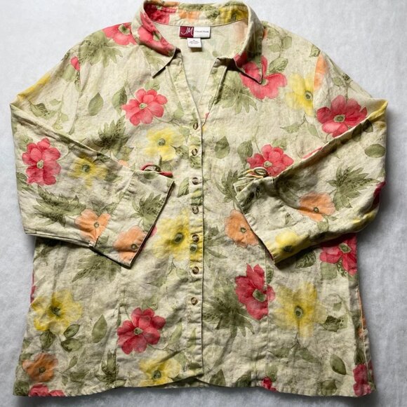 JM Collection Womens Beige Long Sleeve Floral Linen Button Up Blouse Size 16 - Picture 1 of 2